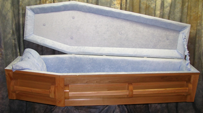 poplar coffin lined in light blue