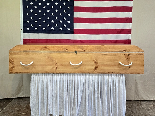 Finished Pine Cowboy Casket – Medium Walnut Stain – Handmade in Oregon by Caskets by Design