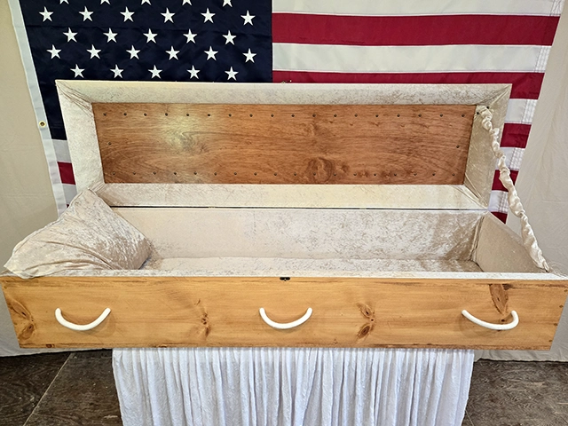 Finished Pine Cowboy Casket with Open Lid – Medium Walnut Stain – Handmade in Oregon by Caskets by Design